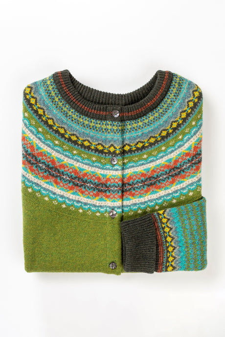 Eribe Alpine cardigan in Moss - fresh green, with borders in chocolate, and highlights in aqua, orange and yellow.