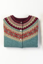 Load image into Gallery viewer, Eribe Alpine short fair isle cardigan in Old Rose,nostalgic palette of dusky aqua with accents of burgundy and oatmeal, and pops of cheerful rose pink.