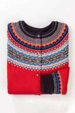 Load image into Gallery viewer, Eribe Alpine short cardigan in Crabapple, bright red with shades of blue and orange.