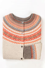 Load image into Gallery viewer, Eribe Alpine short cardigan in Hibiscus, oatmeal with latte , ecru and shades of coral.