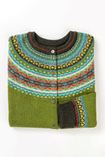 Load image into Gallery viewer, Eribe Alpine short cardigan in Moss, with chocolate, aqua and yellow.