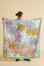 Load image into Gallery viewer, Inoui Editions silk cotton carre scarf, Robinson tropical island trees in pink and mustard on pale blue and mint green background.