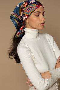 Inoui Editions silk carred square scarf neck scarf or headscarf, Matriochka Russian doll design on blue.