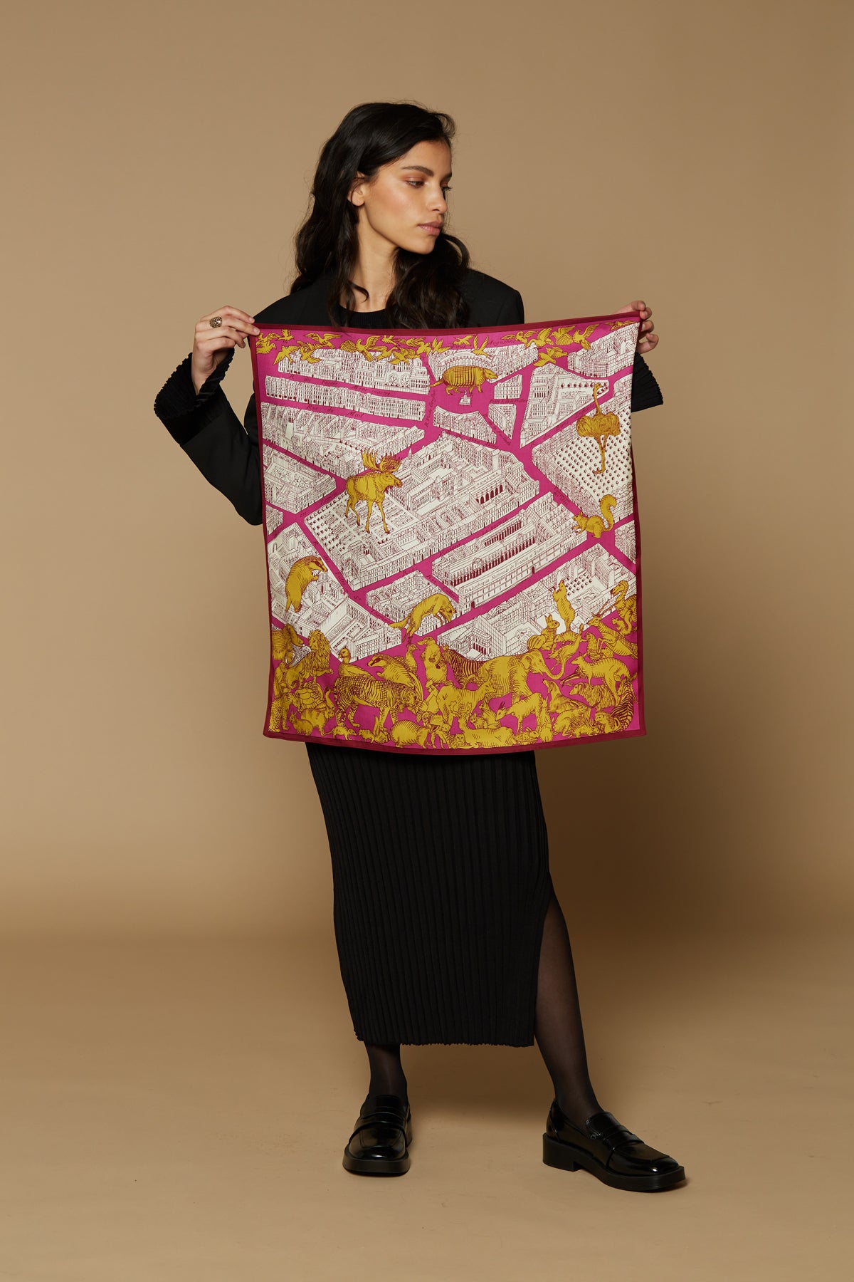 Inoui Editions silk carred square scarf neck scarf or headscarf, Turgot map of Paris and animals on pink.