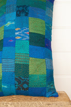 Load image into Gallery viewer, Vintage silk patch kantha cushion - aqua ikat
