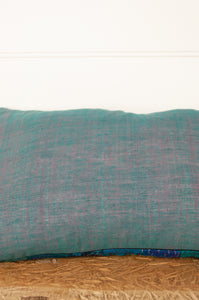 Vintage silk patch kantha cushion - aqua ikat
