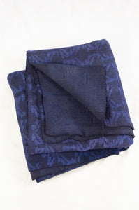 Vintage kantha quilt overdyed in dark double indigo mud resist blockprint, abstract floral.