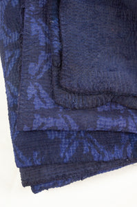 Vintage kantha quilt overdyed in dark double indigo mud resist blockprint, abstract floral.