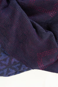 VIntage kantha quilt, overdyed in natural indigo using mud resist blockprint, inverted arrow pattern.
