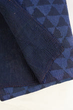 Load image into Gallery viewer, VIntage kantha quilt, overdyed in natural indigo using mud resist blockprint, triangle pattern.