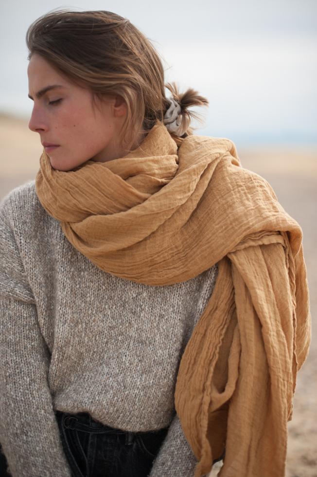 Couleur Chanvre made in France pure hemp stole in cumin, soft gold, yellow, mustard.