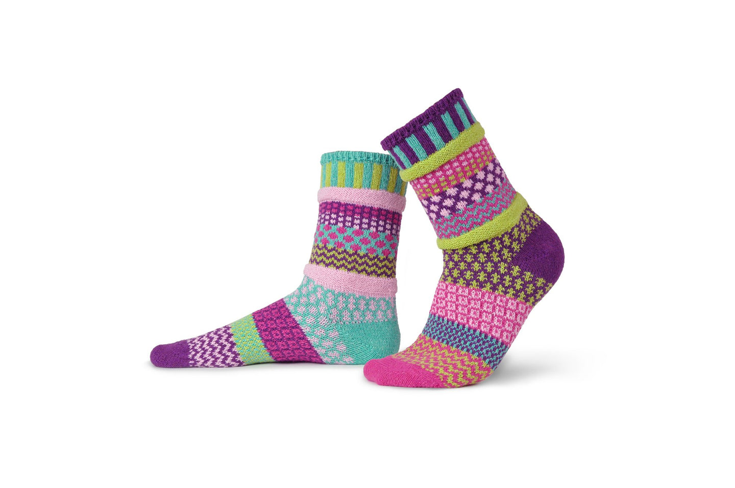 Solmate recycled cotton socks made in the USA, colour way Dahlia, in light pink, magenta, lime green, purple, turquoise.