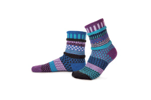 Solmate socks made in the USA from recycled cotton, Raspberry in berry tones ofturquoise, purple, black, lilac, royal blue.