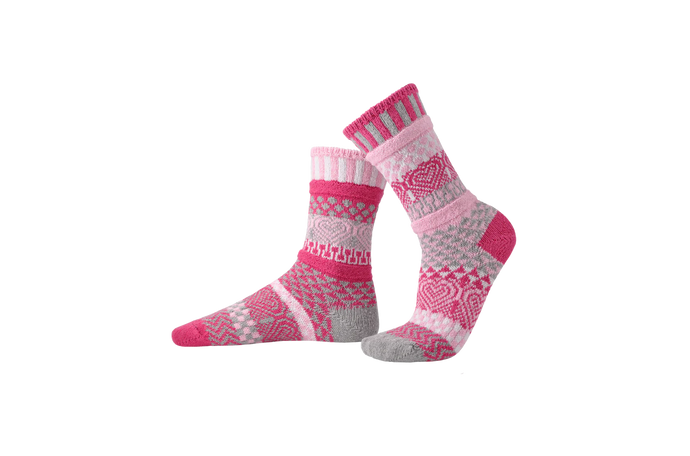 Solmate recycled cotton Cupid socks, pink, magenta white and grey.