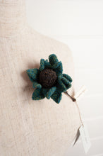 Load image into Gallery viewer, Sophie Digard brooch, made by hand in Madagascar, Asperule single flower crocheted in merino wool in deep turquoise with a chocolate brown centre.