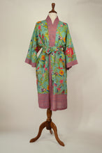 Load image into Gallery viewer, Cotton voile kimono robe dressing gown in aqua bird print with pink trim.