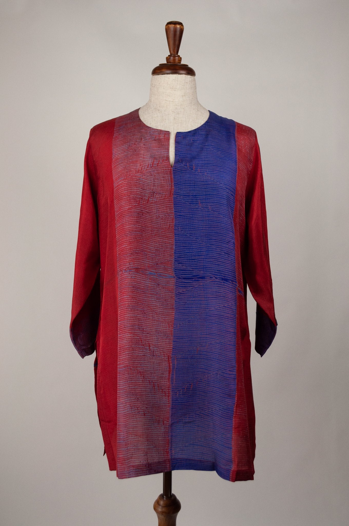 Pure silk shibori dyed silk kurta top in brick red and cobalt blue.