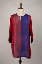 Load image into Gallery viewer, Pure silk shibori dyed silk kurta top in brick red and cobalt blue.