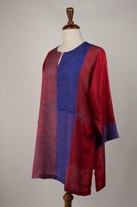 Pure silk shibori dyed silk kurta top in brick red and cobalt blue.
