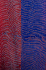 Pure silk shibori dyed silk kurta top in brick red and cobalt blue, fabric detail.