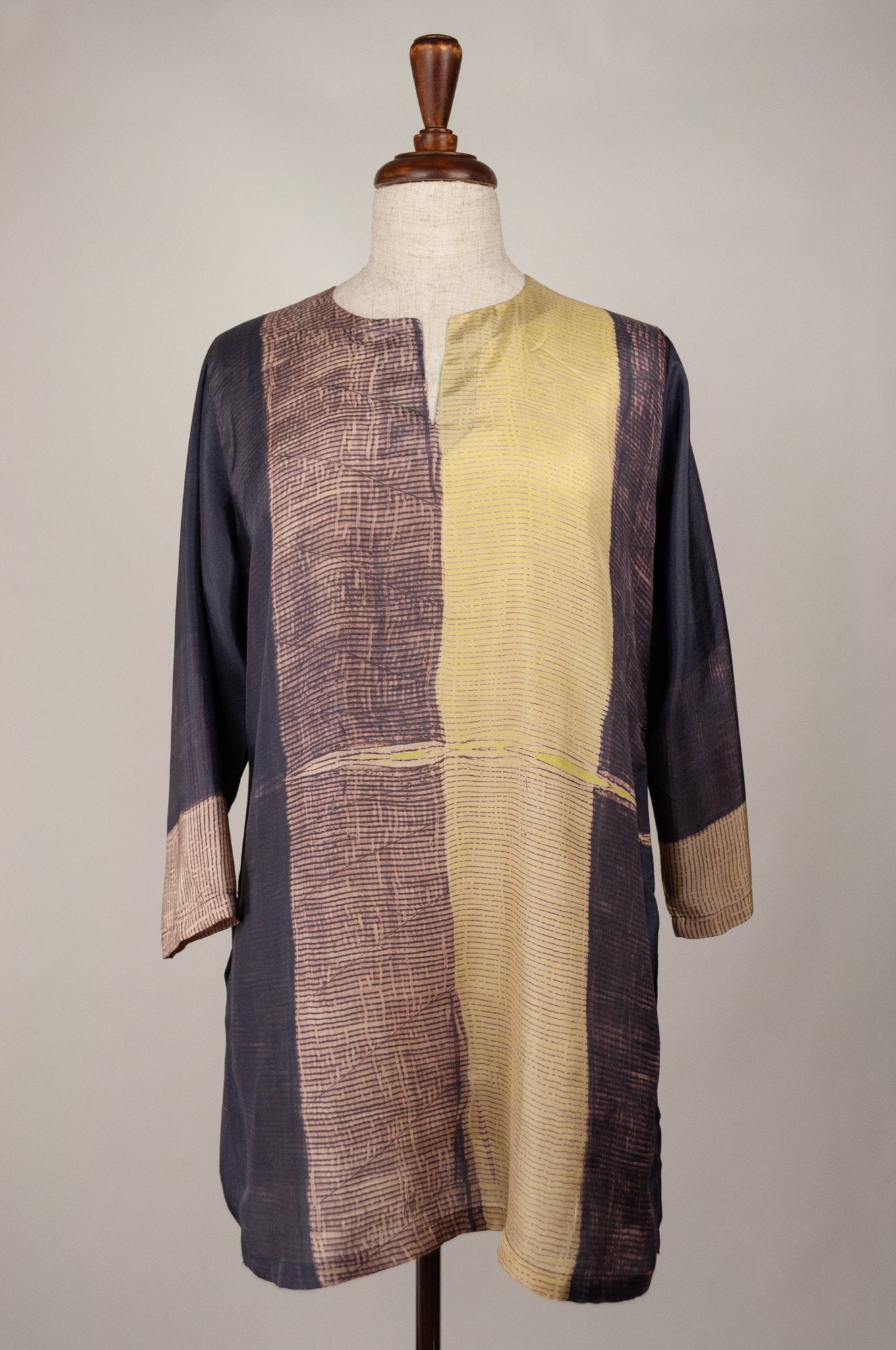 Pure silk shibori dyed kurta top in aubergine and citrus yellow.