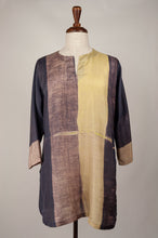Load image into Gallery viewer, Pure silk shibori dyed kurta top in aubergine and citrus yellow.