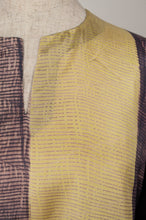 Load image into Gallery viewer, Pure silk shibori dyed kurta top in aubergine and citrus yellow, neck detail.
