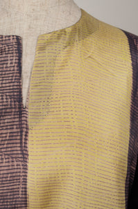 Pure silk shibori dyed kurta top in aubergine and citrus yellow, neck detail.