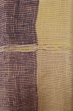 Load image into Gallery viewer, Pure silk shibori dyed kurta top in aubergine and citrus yellow, fabric detail.