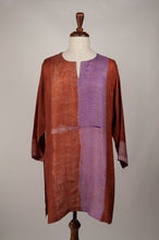Load image into Gallery viewer, Pure silk shibori dyed silk kurta top in copper and lilac.