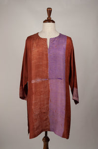 Pure silk shibori dyed silk kurta top in copper and lilac.