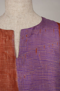 Pure silk shibori dyed silk kurta top in copper and lilac, neck detail.