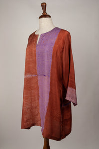 Pure silk shibori dyed silk kurta top in copper and lilac.