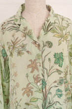 Load image into Gallery viewer, Juniper Hearth ethically made cotton voile full length pyjamas, beautiful vanilla, light turquoise and taupe floral print on soft celadon green background.
