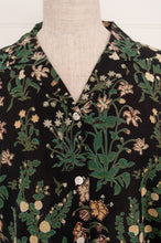 Load image into Gallery viewer, Juniper Hearth ethically made cotton voile full length pyjamas, beautiful vanilla and emerald green floral print on black background.