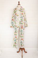 Load image into Gallery viewer, Juniper Hearth ethically made cotton voile full length pyjamas, beautiful colourful floral print on vanilla white background.