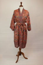 Load image into Gallery viewer, Cotton voile kimono robe dressing gown in a rust red palm print with red and blue matching geometric trim.