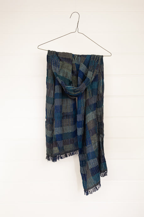 Djian Collection handwoven silk scarf, stripes in shades of blue and charcoal.
