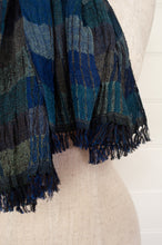 Load image into Gallery viewer, Djian Collection handwoven silk scarf, stripes in shades of blue and charcoal.