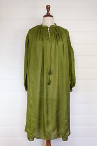 Mason and Mill Kristen dress in mulberry silk, one size gathered at neck and sleeve in moss green.