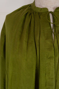 Mason and Mill Kristen dress in mulberry silk, one size gathered at neck and sleeve in moss green.