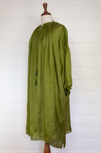 Load image into Gallery viewer, Mason and Mill Kristen dress in mulberry silk, one size gathered at neck and sleeve in moss green.