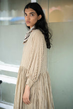 Load image into Gallery viewer, Runaway Bicycle Yini dress in 50% cotton 50% silk beige stripe.