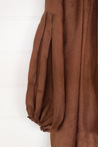 Mason and Mill Cathie top in mulberry silk, one size gathered at neck and sleeve in mud brown.
