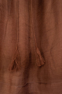 Mason and Mill Cathie top in mulberry silk, one size gathered at neck and sleeve in mud brown.