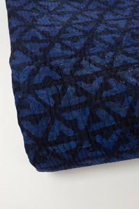 VIntage kantha quilt overdyed with natural indigo using the mud resist technique, double dyed blue on blue arrow pattern.