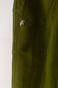 Mason and Mill Thelma pant in mulberry silk, elastic waist with drawstring in moss green.