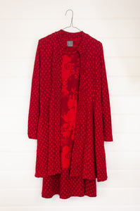 Valia made in Melbourne merino wool jacquard knit Francise coat, spot print in Shiraz scarlet red.