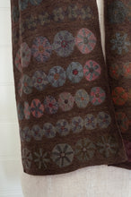Load image into Gallery viewer, Sophie Digard Slow Sunday large crochet scarf in Dingle palette,multi-coloured flower medallions in navy, russet, charcoal and olive on rich chocolate brown.