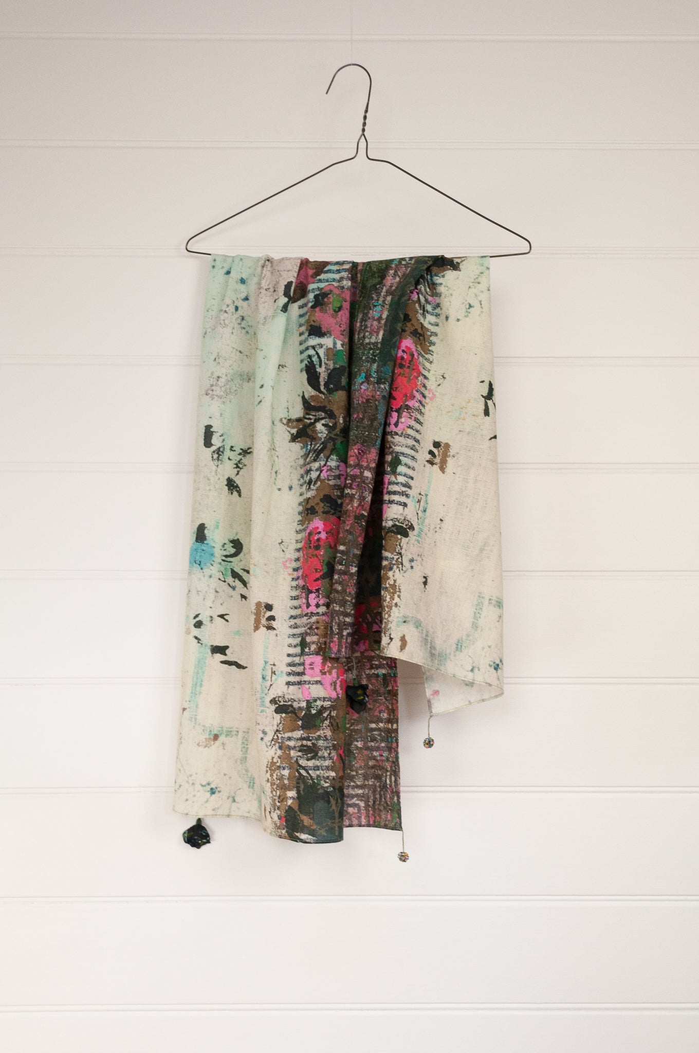 Yavï fine pure cotton impressionist print long scarf, floral print in pink, turquoise and ecru.